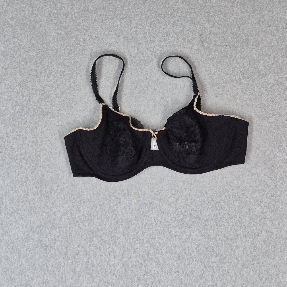 B.tempt'd Women Bra 36D Black Balconette Underwired Lace Bow Mesh Strap